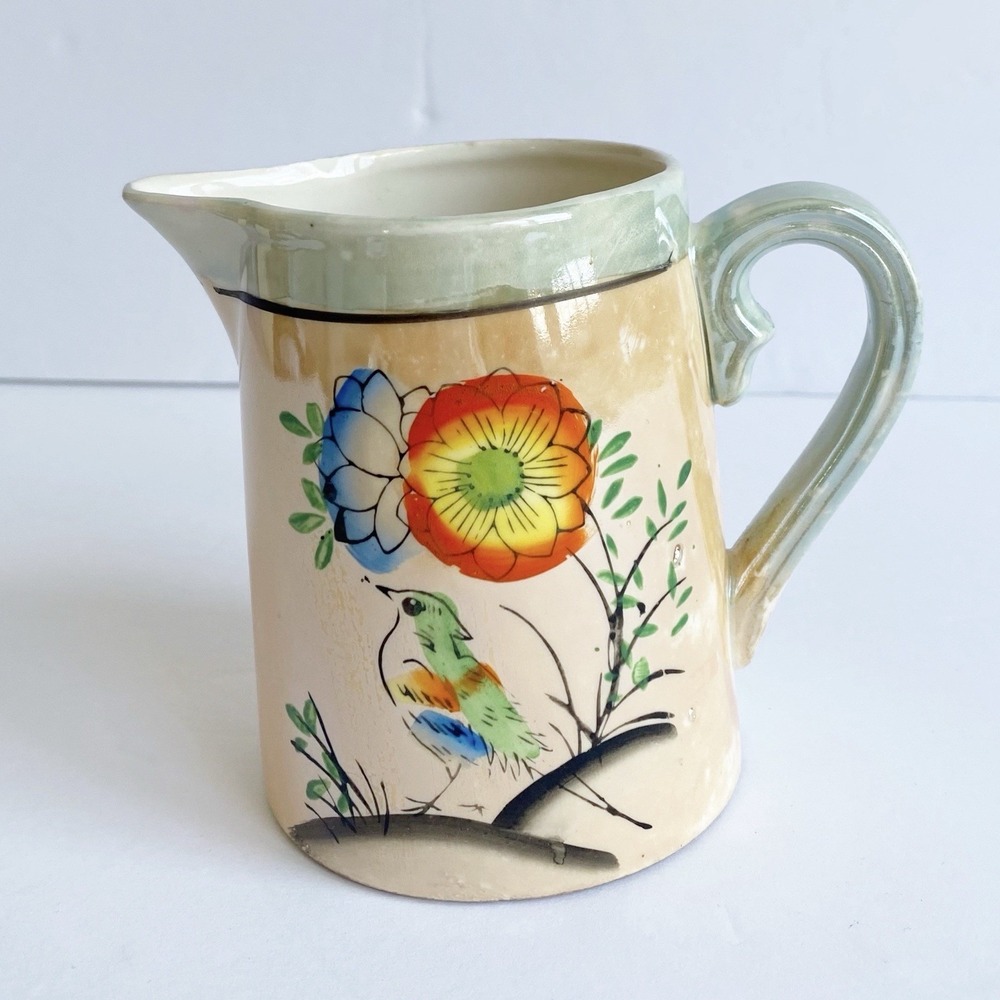 Vintage Lusterware Creamer Iridescent Green Blue Bird Flowers Mid-Century Japan
